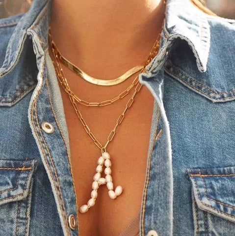 Initial Pearl & Paper clip necklace